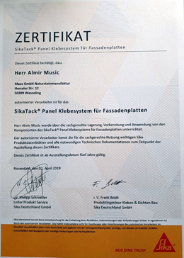 Almir Music - Zertifikat SikaTack® Klebesystem Für Fassadenplatten Almir Music - Zertifikat SikaTack® Klebesystem Für Fassadenplatten