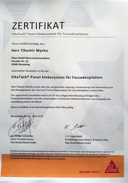 Tihomir Markic - Zertifikat SikaTack® Klebesystem Für Fassadenplatten